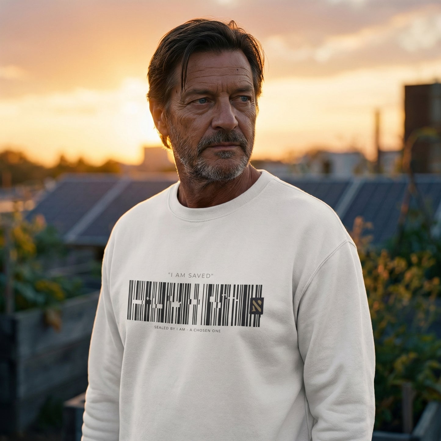 Barcode 'IAM SAVED' Crewneck Sweatshirt — Minimal Christian Apparel