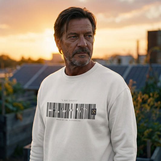 Barcode 'IAM SAVED' Crewneck Sweatshirt — Minimal Christian Apparel