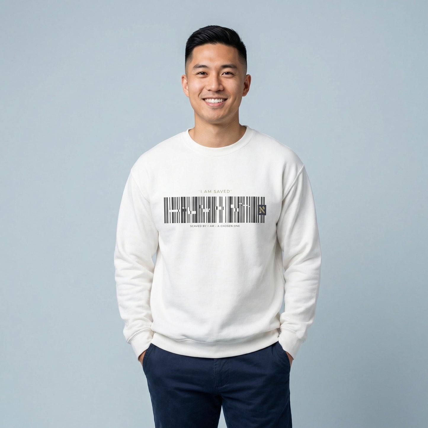 Barcode 'IAM SAVED' Crewneck Sweatshirt — Minimal Christian Apparel