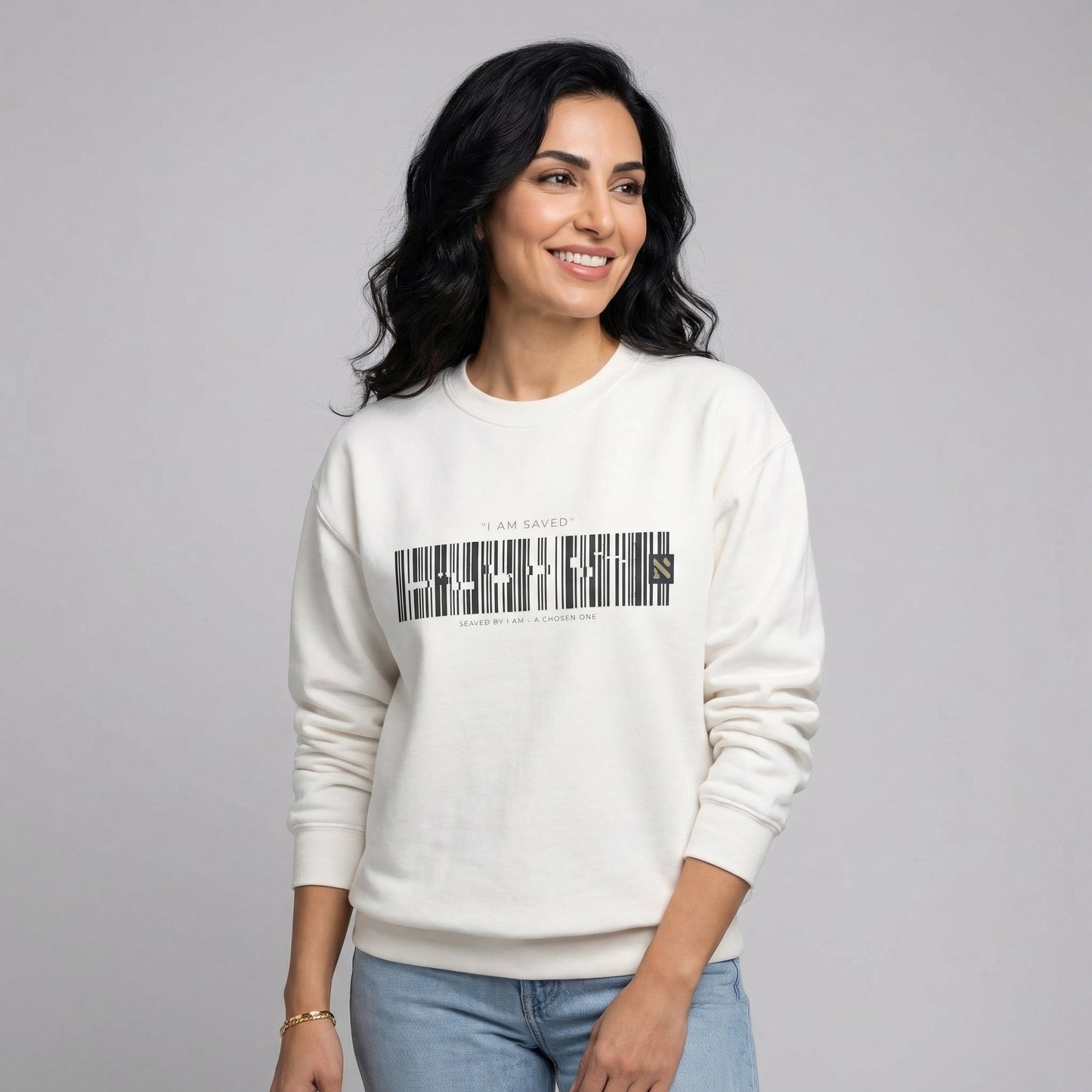 Barcode 'IAM SAVED' Crewneck Sweatshirt — Minimal Christian Apparel