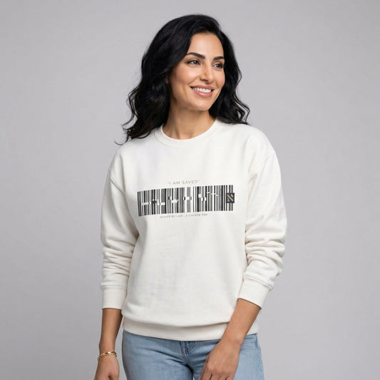 Barcode 'IAM SAVED' Crewneck Sweatshirt — Minimal Christian Apparel