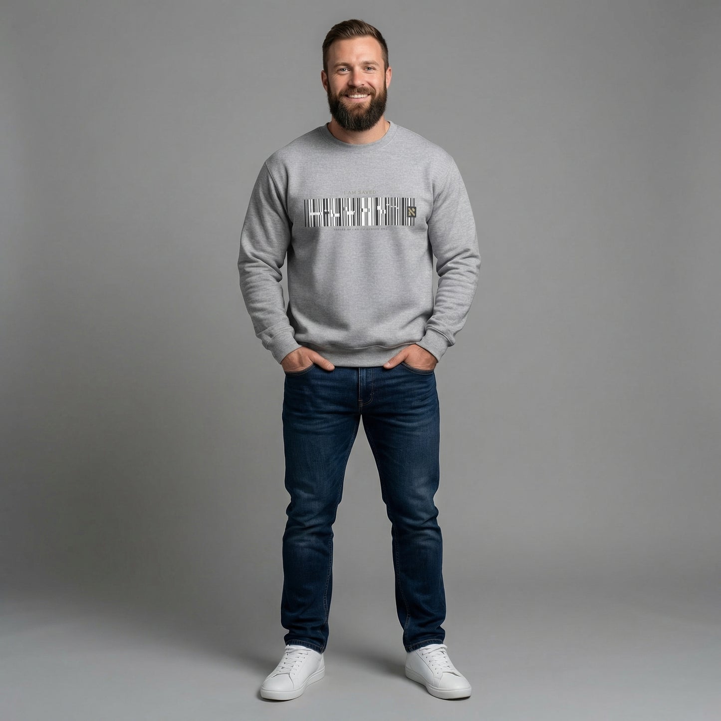 Barcode 'IAM SAVED' Crewneck Sweatshirt — Minimal Christian Apparel