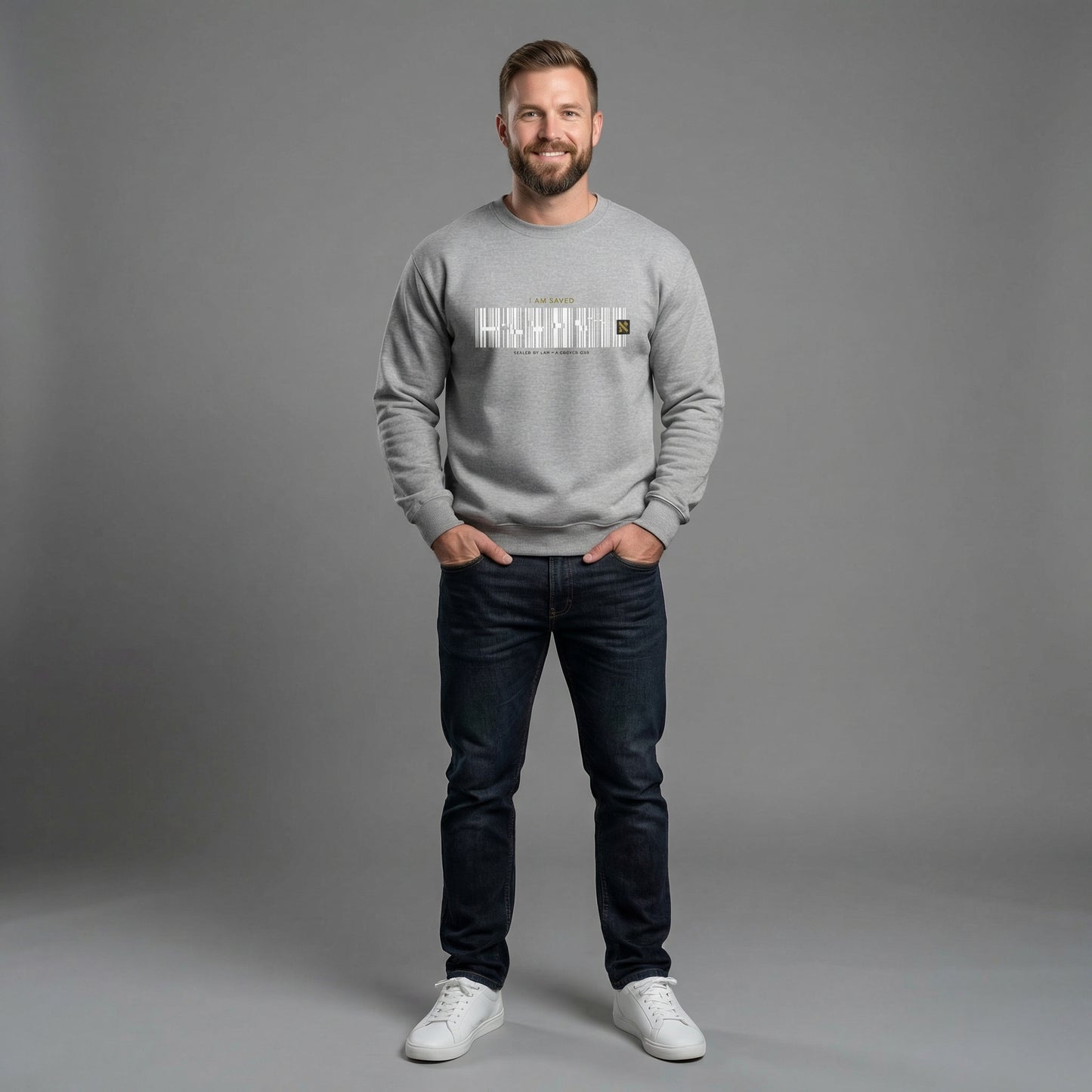 Barcode 'IAM SAVED' Crewneck Sweatshirt — Minimal Christian Apparel
