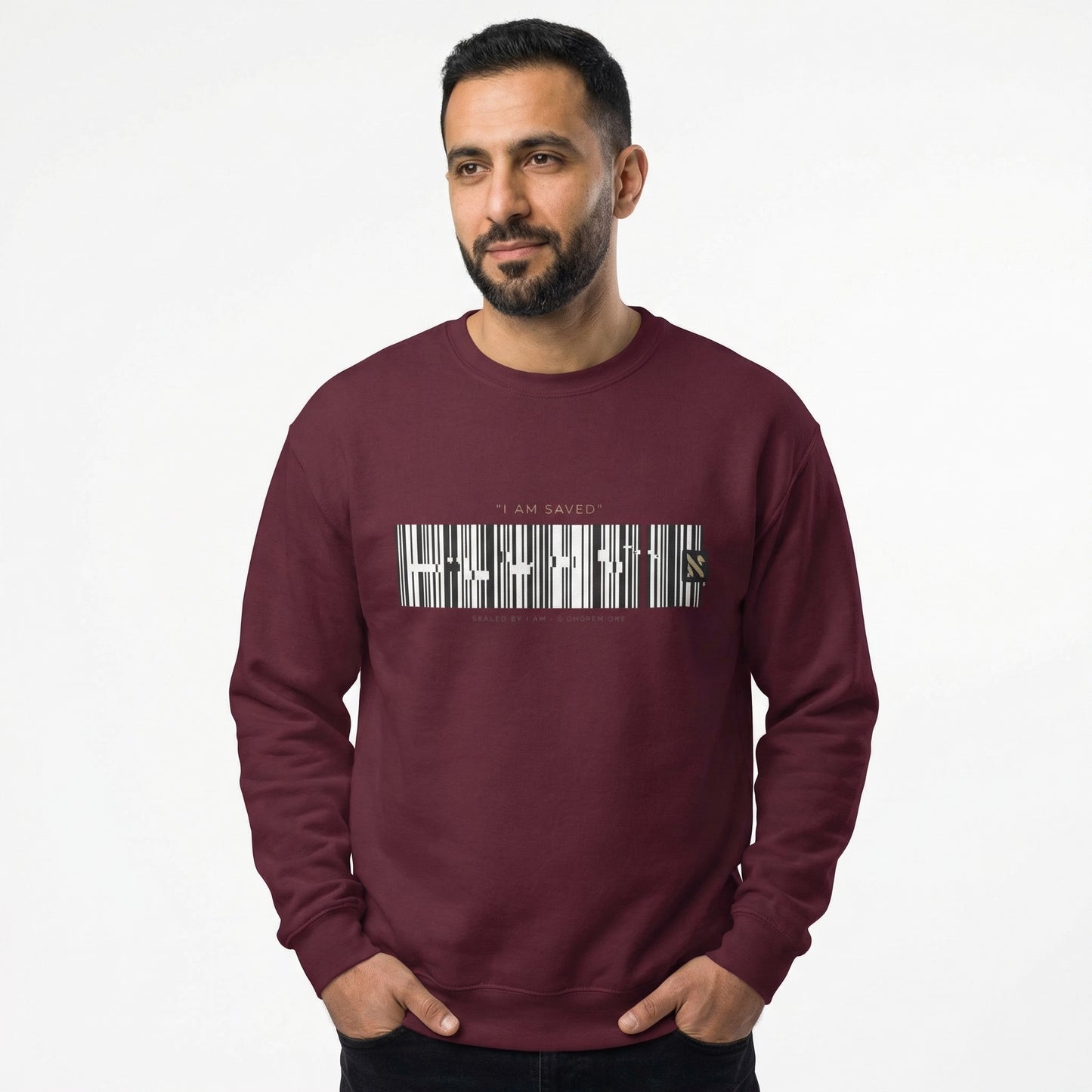 Barcode 'IAM SAVED' Crewneck Sweatshirt — Minimal Christian Apparel