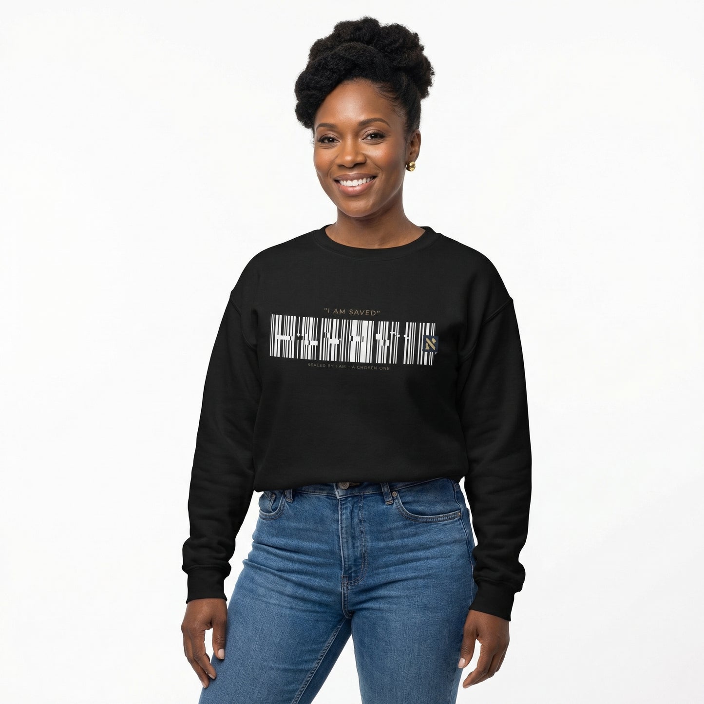 Barcode 'IAM SAVED' Crewneck Sweatshirt — Minimal Christian Apparel
