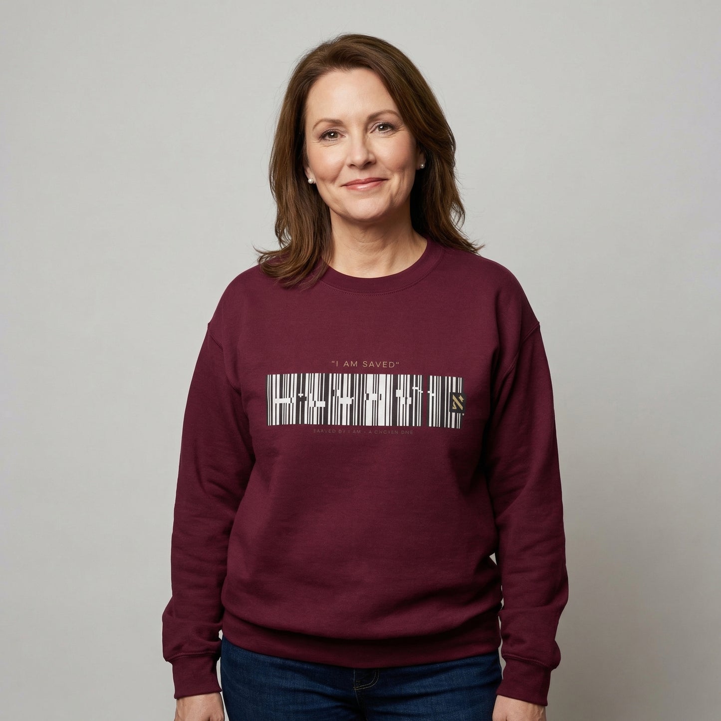 Barcode 'IAM SAVED' Crewneck Sweatshirt — Minimal Christian Apparel