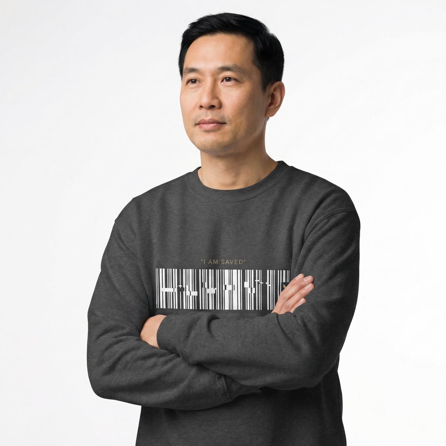 Barcode 'IAM SAVED' Crewneck Sweatshirt — Minimal Christian Apparel