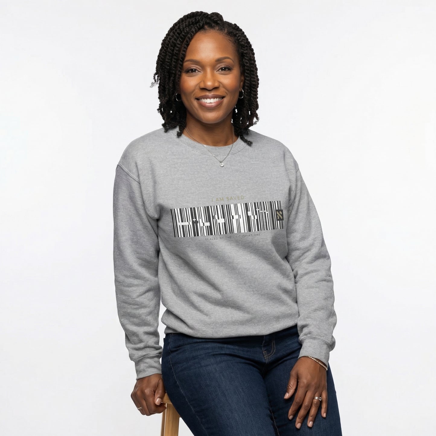 Barcode 'IAM SAVED' Crewneck Sweatshirt — Minimal Christian Apparel