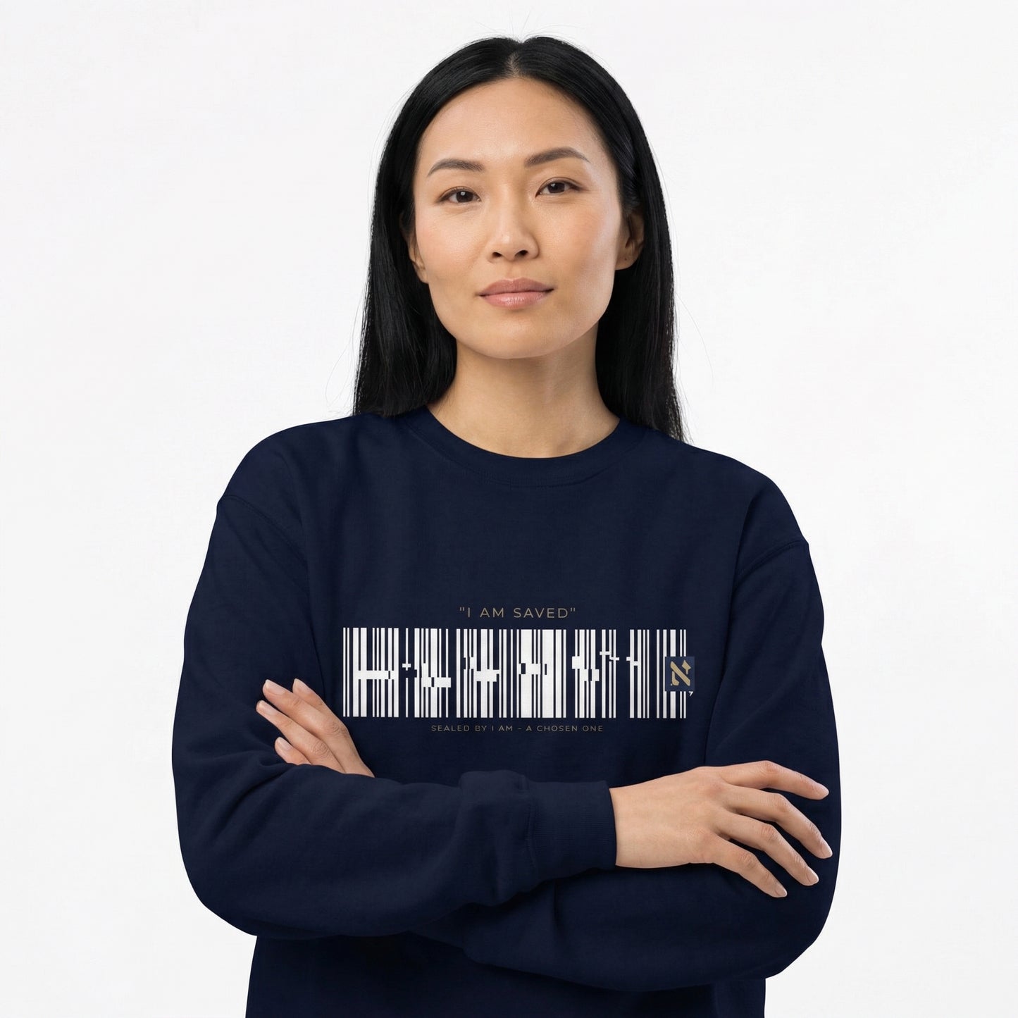 Barcode 'IAM SAVED' Crewneck Sweatshirt — Minimal Christian Apparel