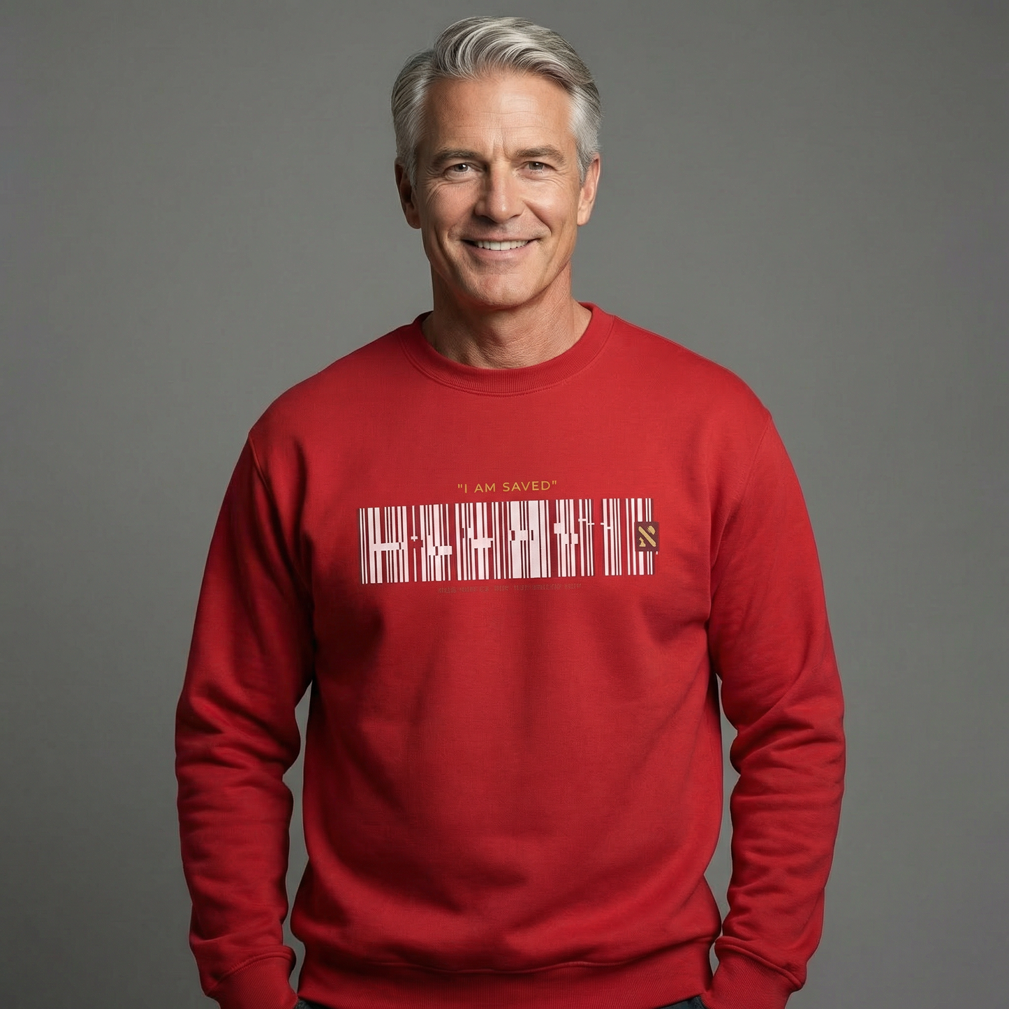 Barcode 'IAM SAVED' Crewneck Sweatshirt — Minimal Christian Apparel