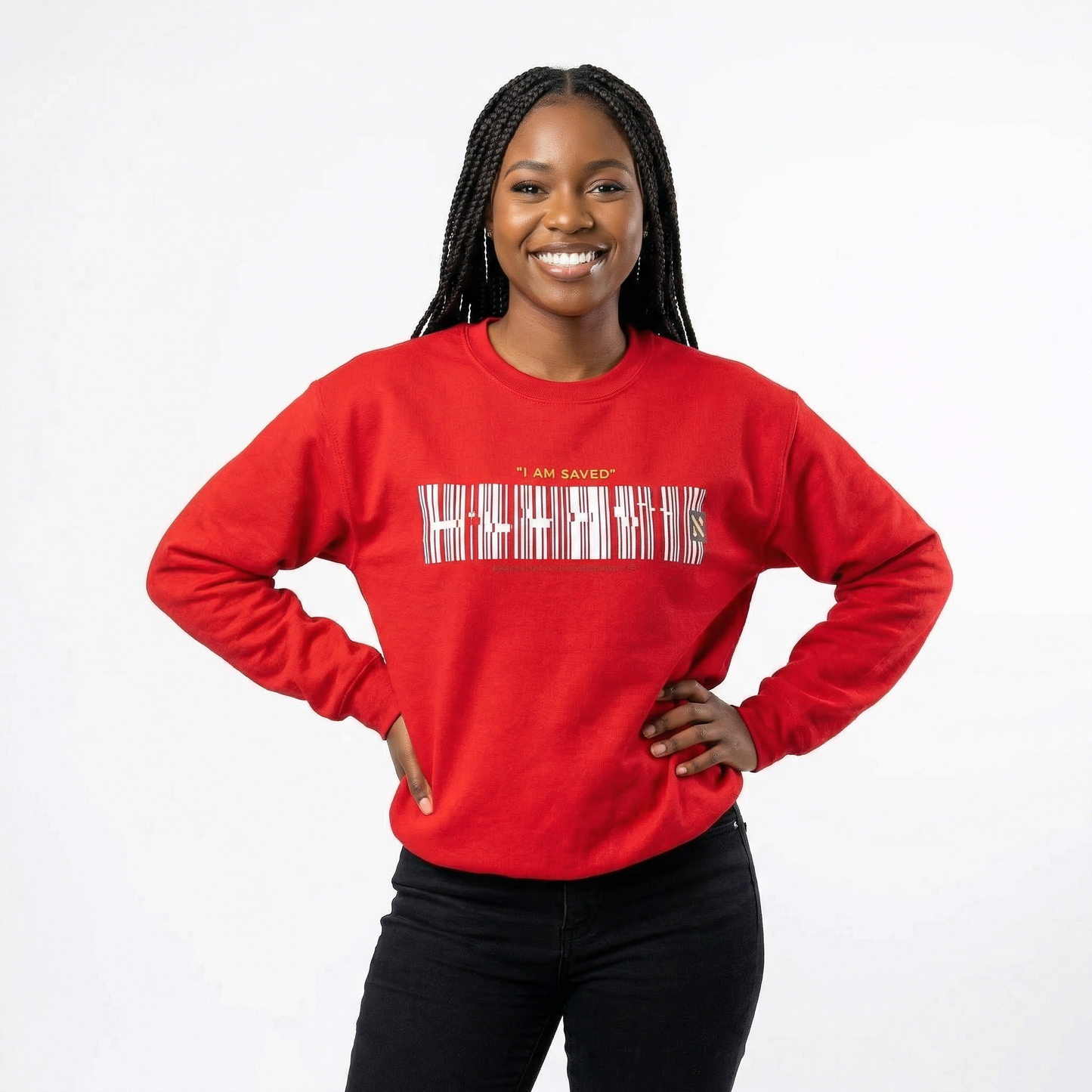 Barcode 'IAM SAVED' Crewneck Sweatshirt — Minimal Christian Apparel