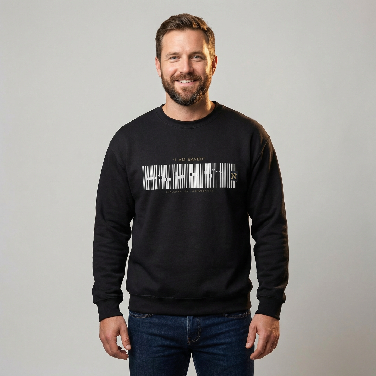 Barcode 'IAM SAVED' Crewneck Sweatshirt — Minimal Christian Apparel