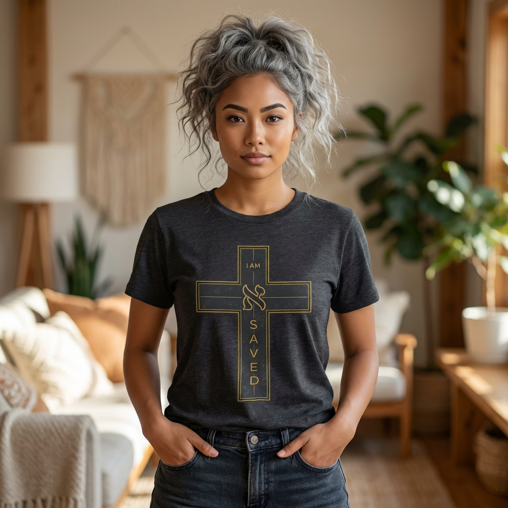 Saved Cross T‑Shirt — I Am Saved Christian Faith Tee